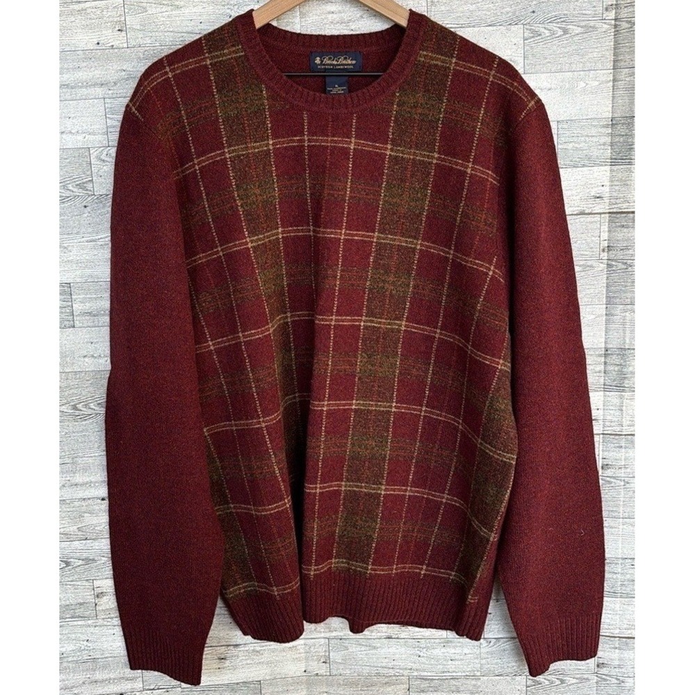 Brooks Brothers Men's XL 100% Lambswool Rust Plaid Pullover crewneck Sweater
